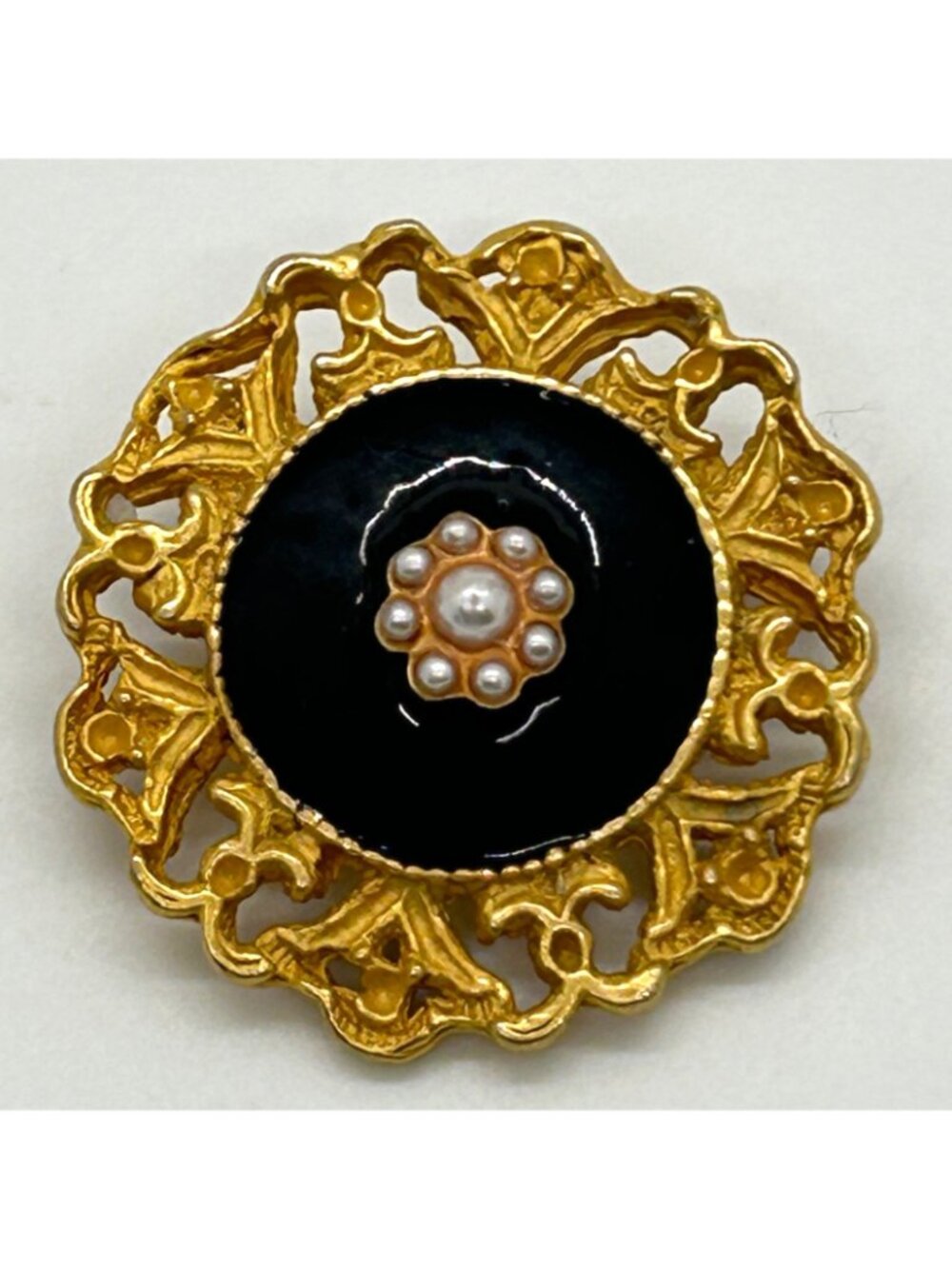 Victorian Revival Brooch Black Enamel Pearl Flower Gold Tone Filigree Pin Gothic - Picture 2 of 10
